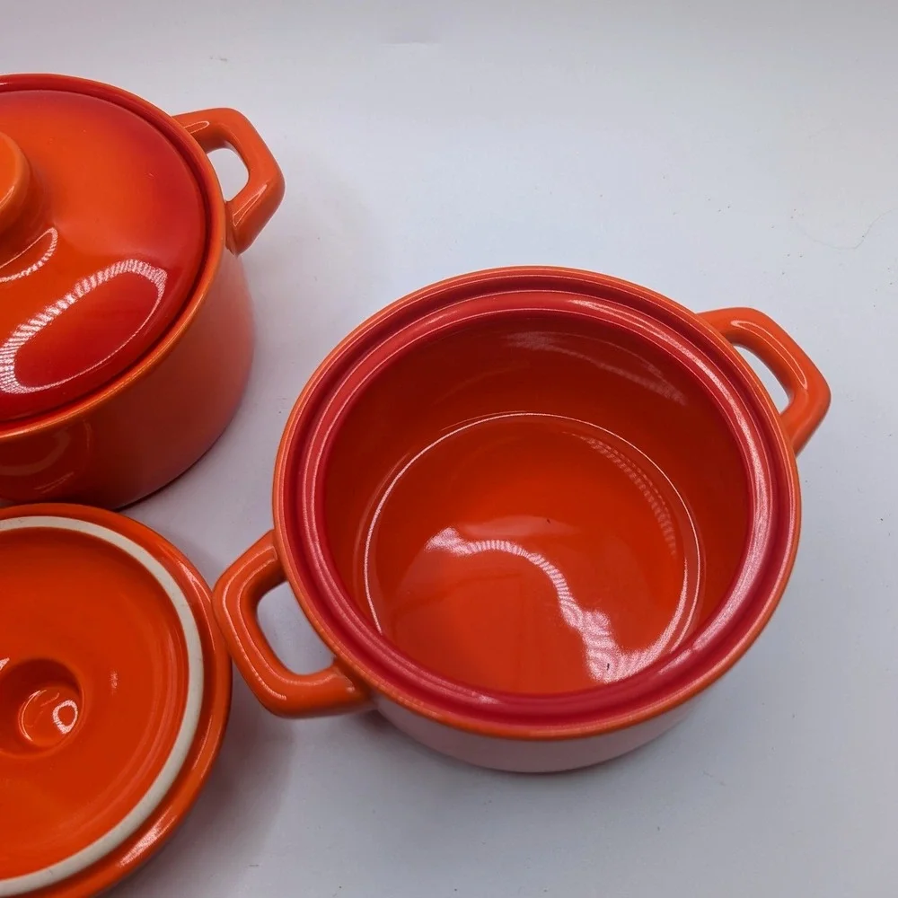 Set 2 Kiln by FOH Mini Cocotte Casserole Dishes Orange Ombre Flame Stoneware 4in